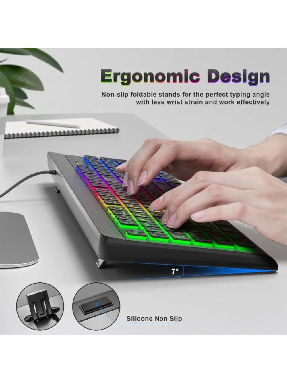 Large Print Backlit USB Keyboard - Full Size Rainbow LED for PC, Laptop & Gaming